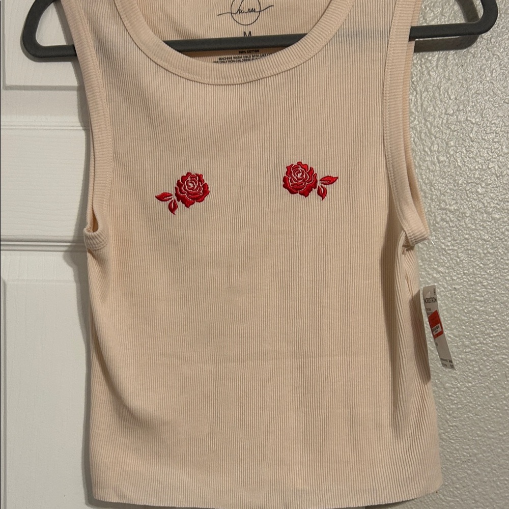 Cream Sleeveless Top with Red Rose Embroidery